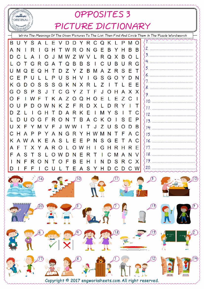  For kids, check the picture of Opposites find, and write the word and find it in the word puzzle ESL printable worksheet. 